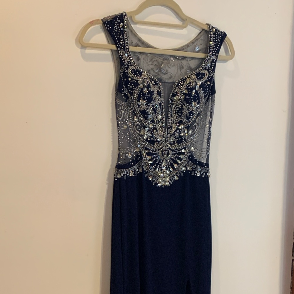 Custom beaded navy prom dress